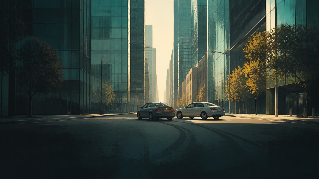 Two cars at rest in a glass-tower canyon at morning rush